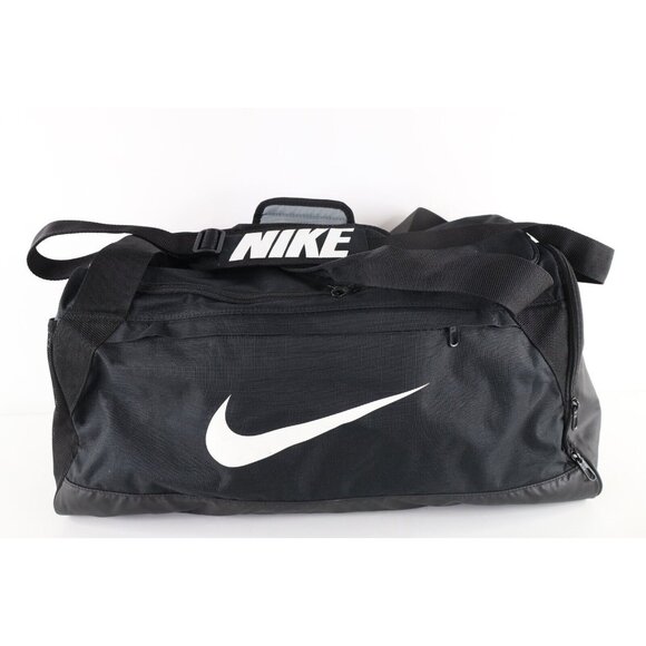 Nike Brasilia Medium Sized Big Swoosh Logo Handled Carry On Duffel Bag Gym Black